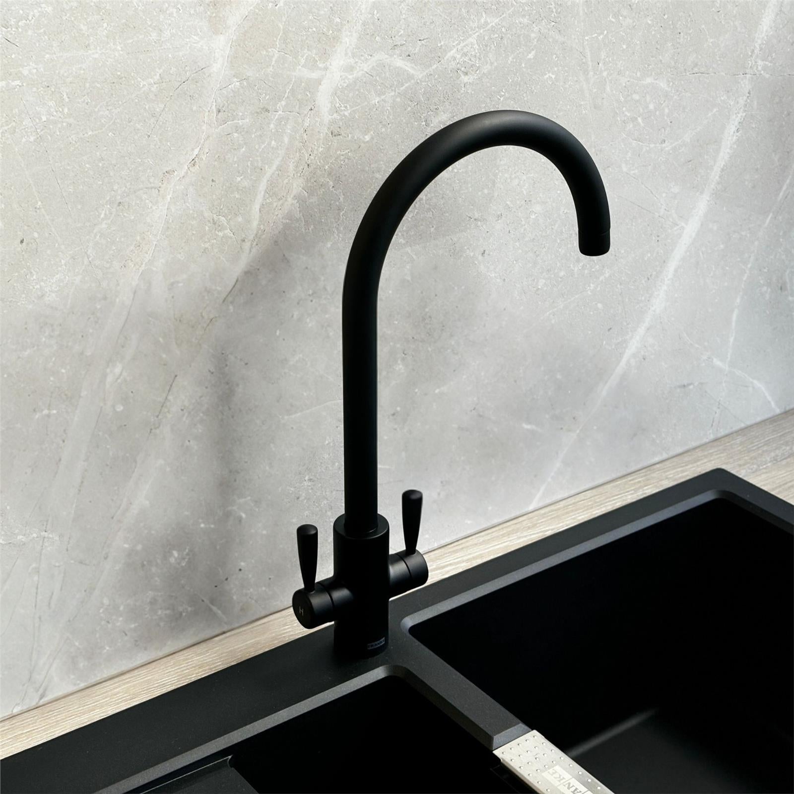 Franke Ascona Swan Neck Swivel Spout Mono Mixer Twin Lever Black Kitchen Tap